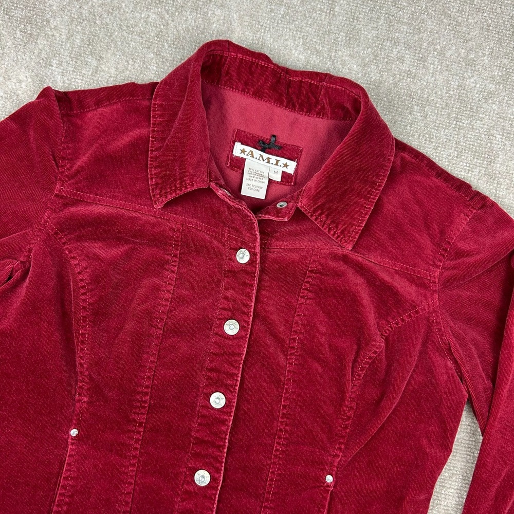 AMI Jacket Women Medium Red Corduroy Cotton Stretch Collared Button Front Winter
